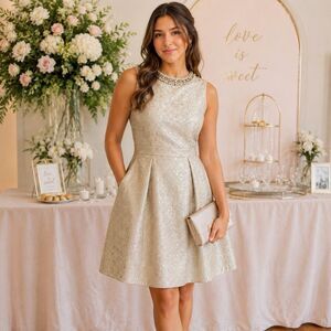 Eliza J Gold Metallic Jacquard Fit & Flare Cocktail Party Dress Beaded Sz 14